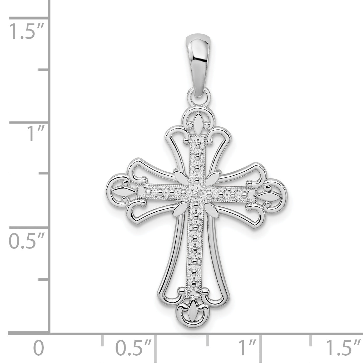 Sterling Silver De-Ani Rhodium-Plated Polished Beaded Fleur De Lis Cross Pendant