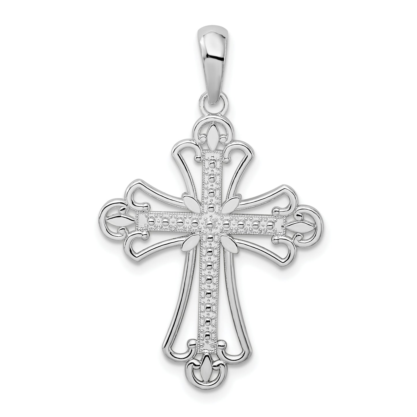 Sterling Silver De-Ani Rhodium-Plated Polished Beaded Fleur De Lis Cross Pendant