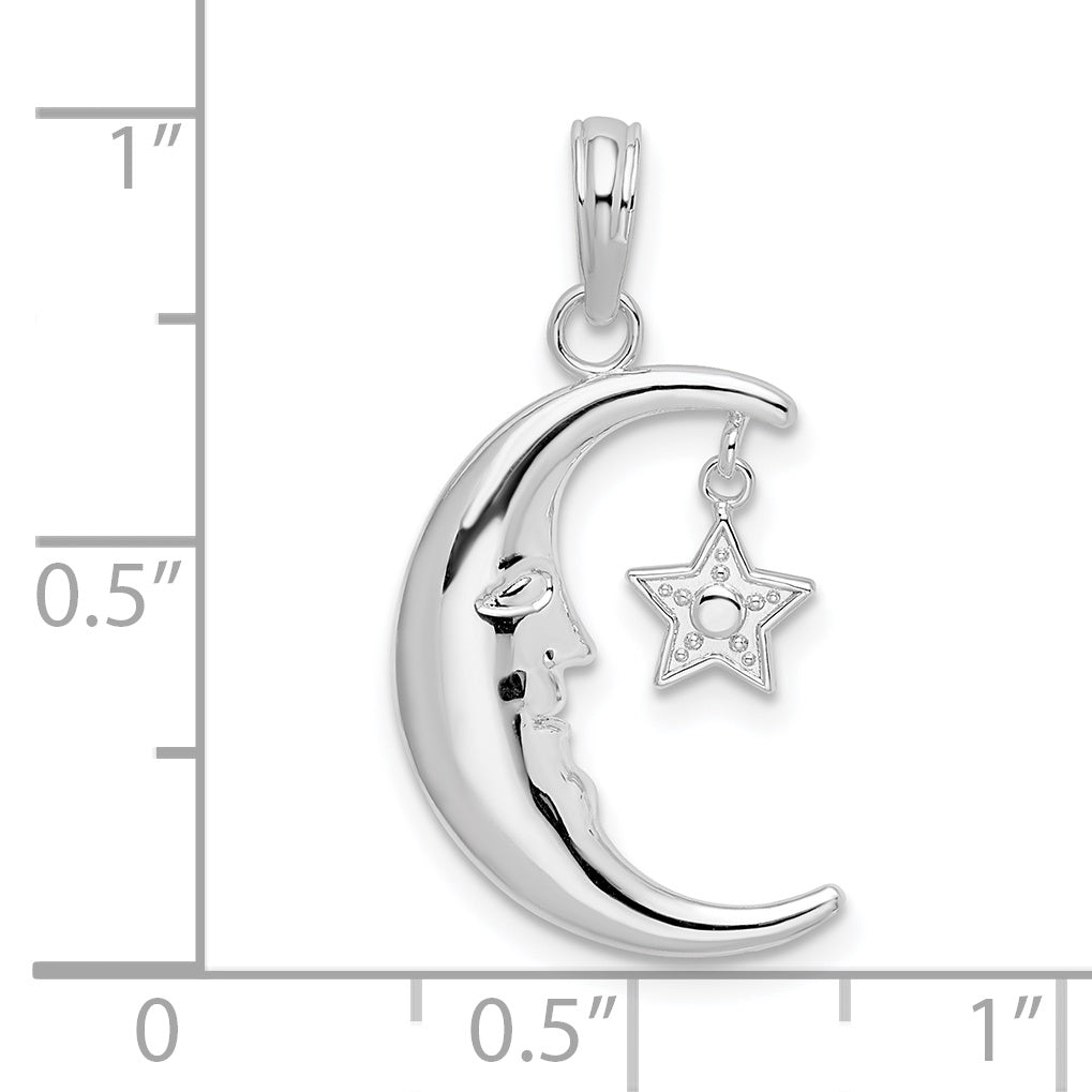 Sterling Silver De-Ani Rhodium-Plated Moveable Polished Crescent Moon With Star Pendant