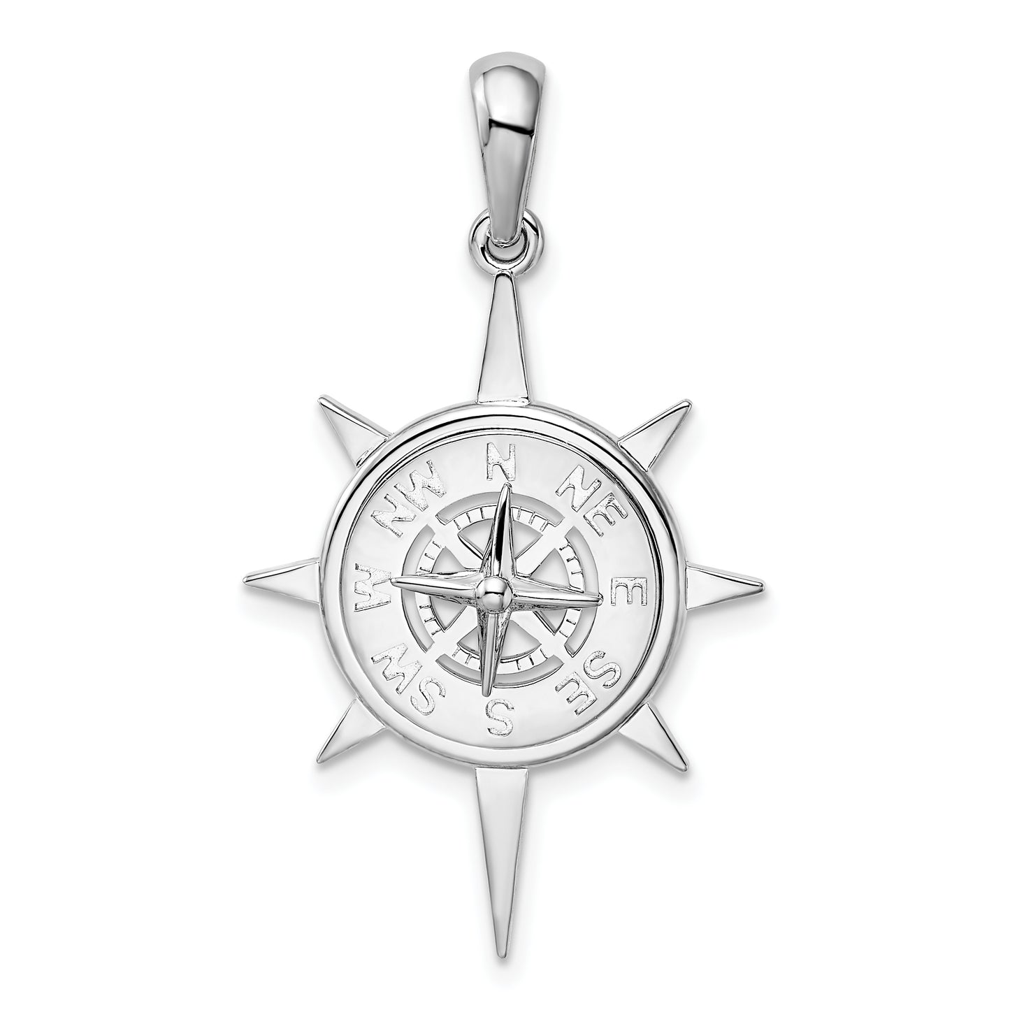 Sterling Silver De-Ani Rhodium-Plated Polished Star Frame Compass Pendant