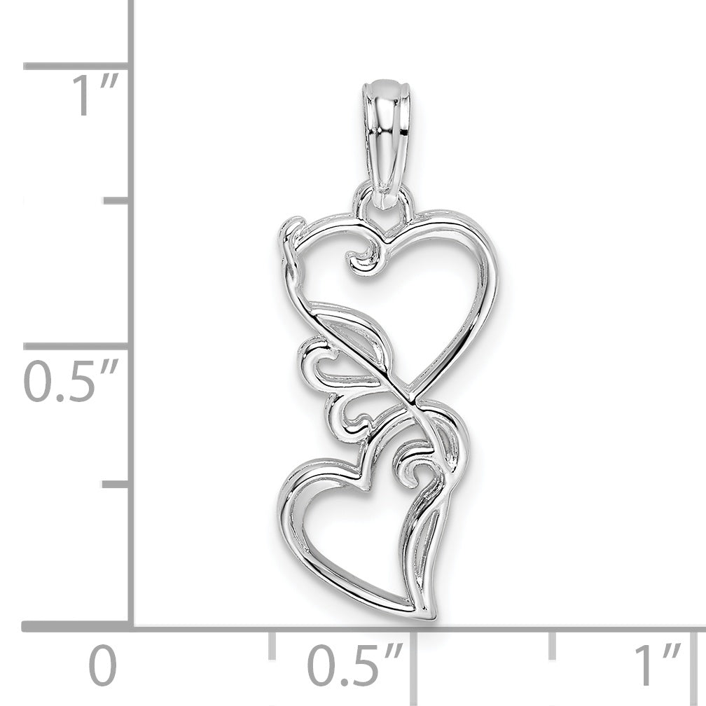 Sterling Silver De-Ani Rhodium-Plated Polished Double Hearts Filigree Pendant