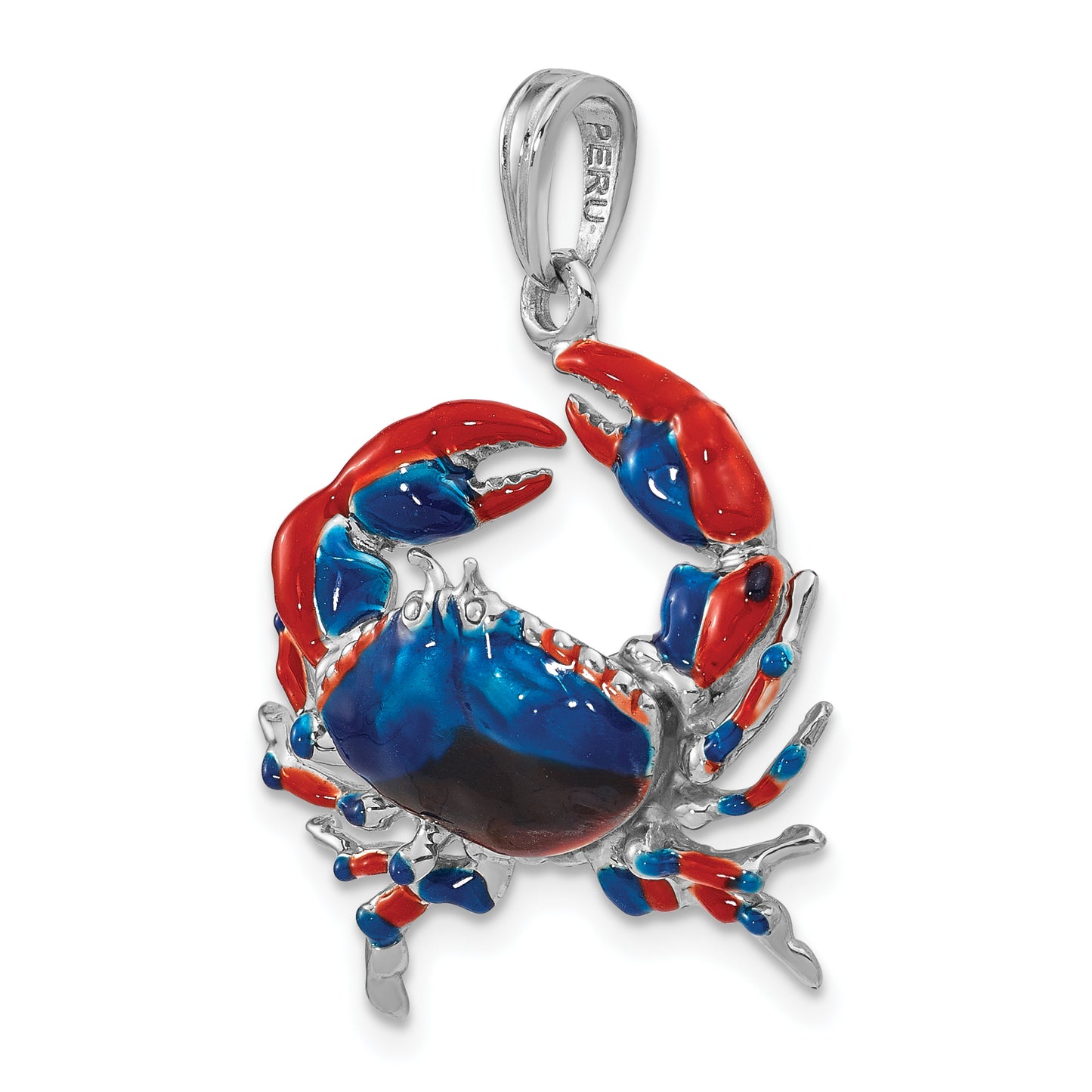 Sterling Silver De-Ani Rhodium-Plated Polished Enameled Blue Stone Crab Pendant