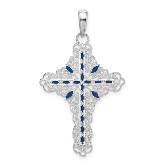 Sterling Silver De-Ani Rhodium-Plated Polished Enameled Filigree Cross Pendant