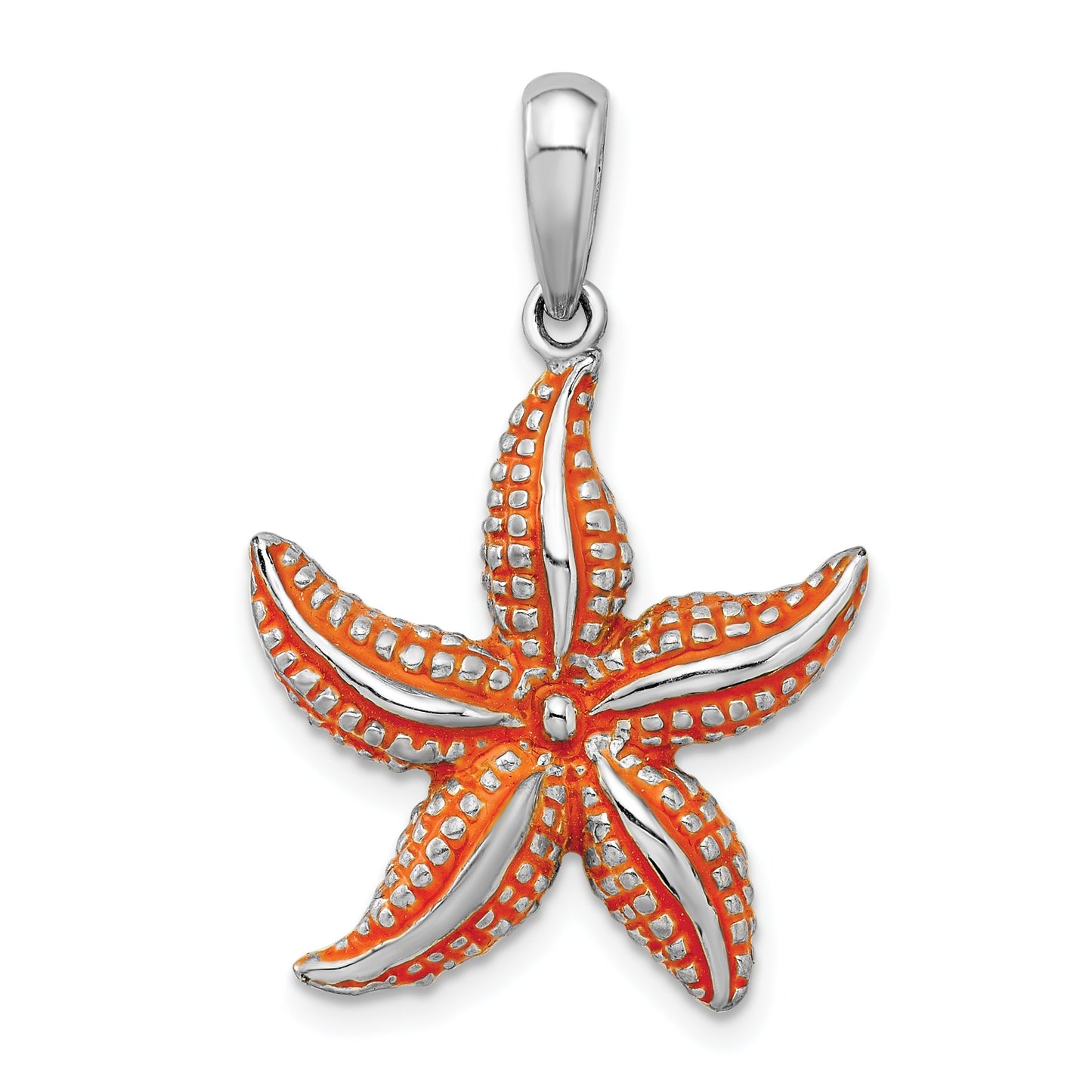 Sterling Silver De-Ani Rhodium-Plated Enameled Orange Starfish Pendant