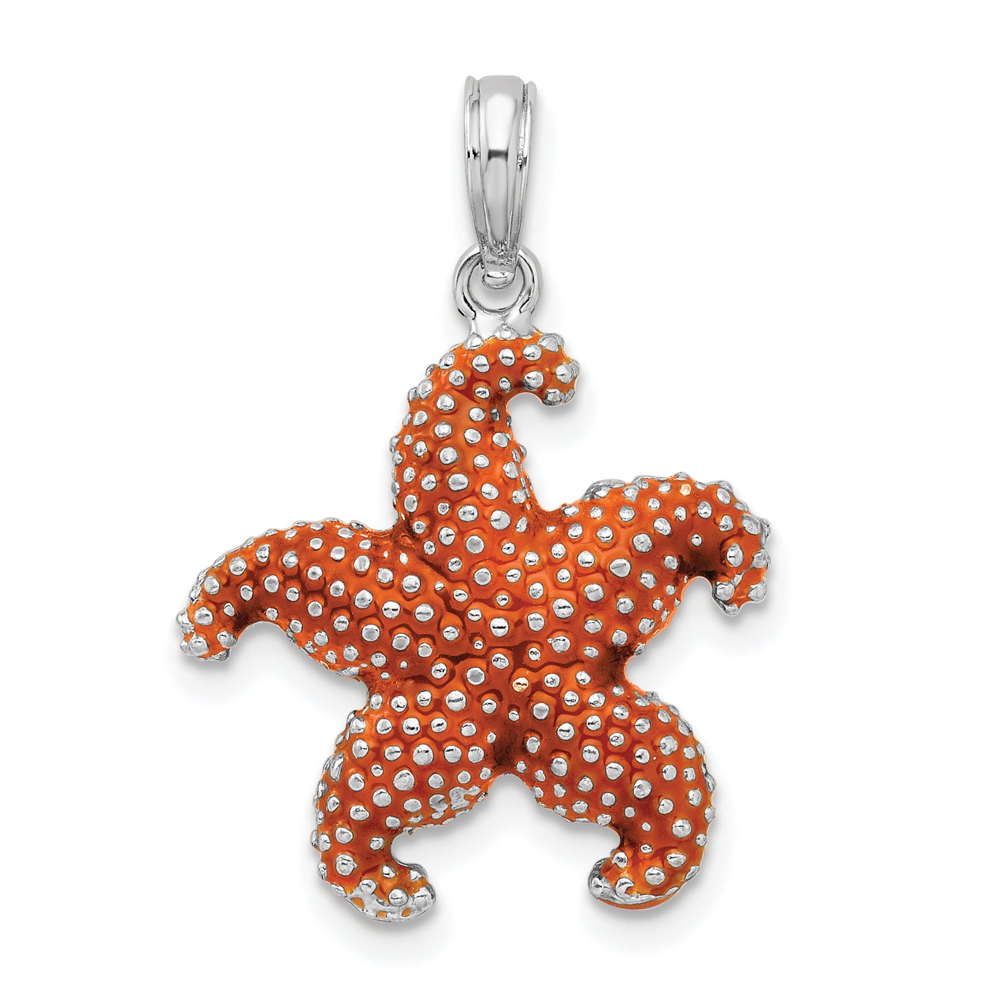 Sterling Silver De-Ani Rhodium-Plated Enameled Orange Starfish Pendant