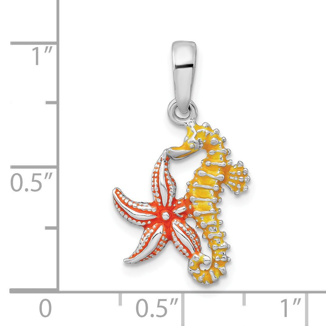 Sterling Silver De-Ani Rhodium-Plated Enameled Starfish And Seahorse Pendant