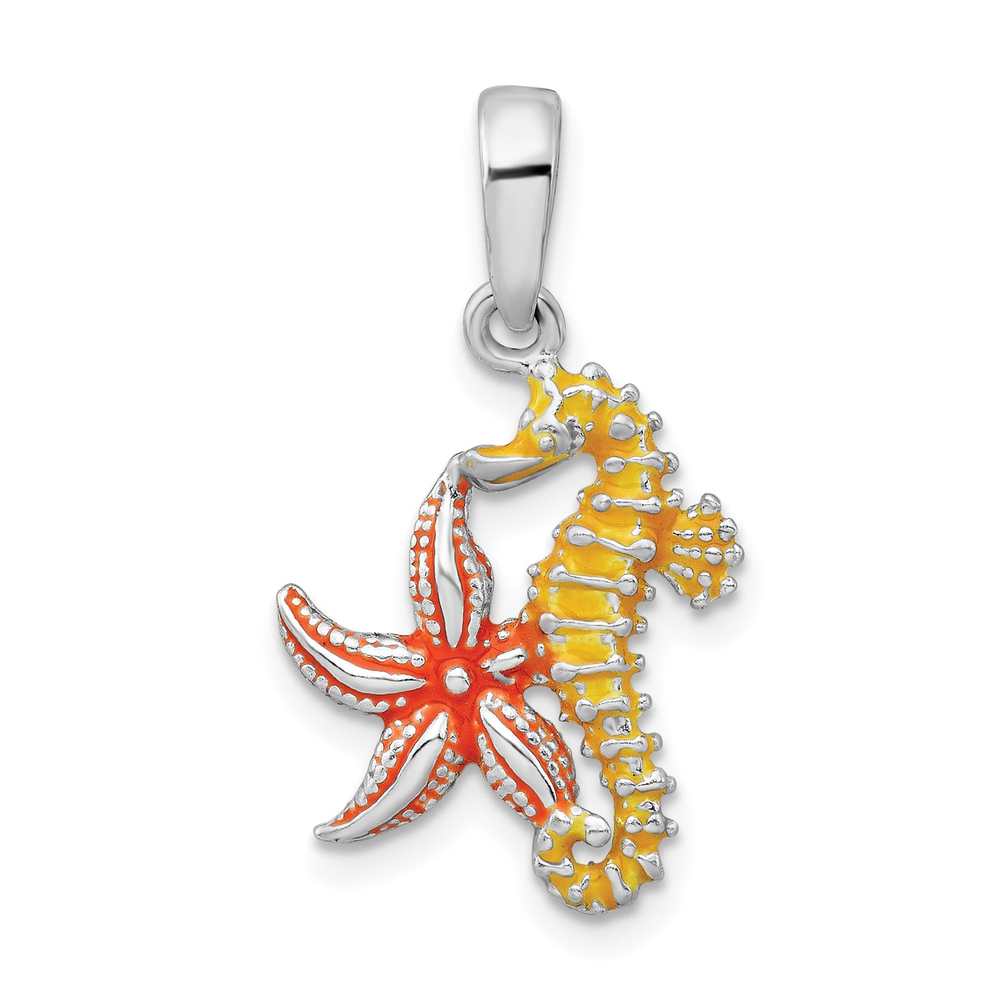 Sterling Silver De-Ani Rhodium-Plated Enameled Starfish And Seahorse Pendant