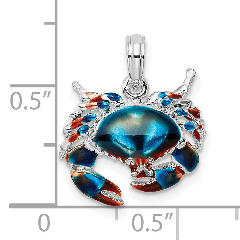 Sterling Silver De-Ani Rhodium-Plated Polished Enameled Blue Stone Crab Pendant