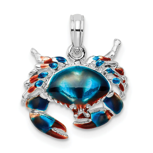 Sterling Silver De-Ani Rhodium-Plated Polished Enameled Blue Stone Crab Pendant