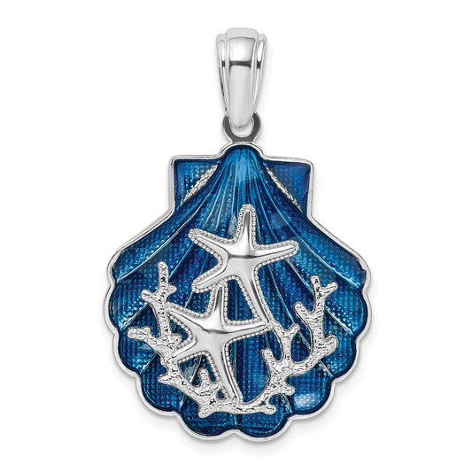 Sterling Silver De-Ani Rhodium-Plated Enameled Blue Shell With Starfish Pendant