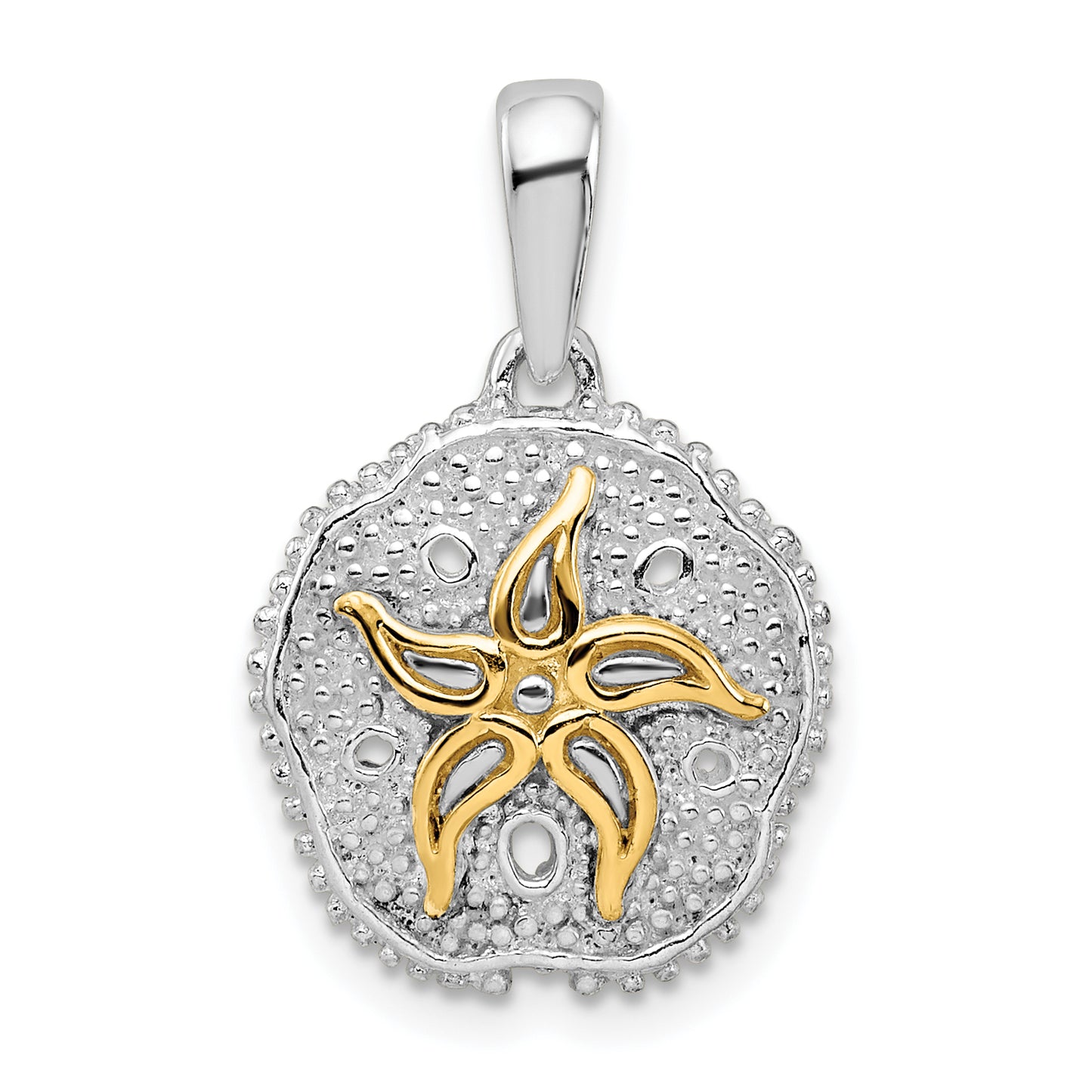 Silver/14K Two-Tone De-Ani Sterling Silver Rhodium-Plated Large Sand Dollar With 14K Starfish Pendant