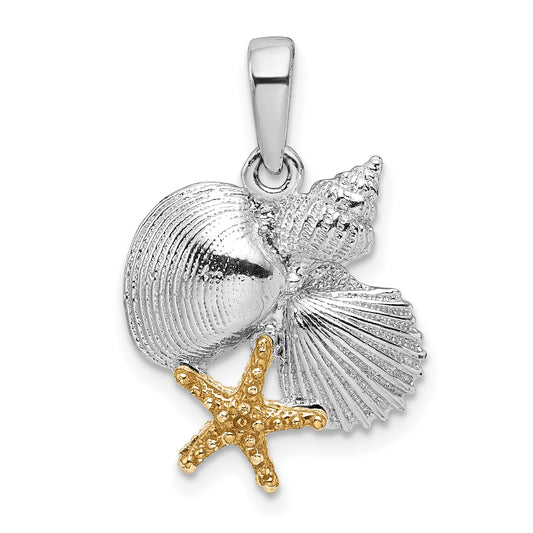 Silver/14K Two-Tone De-Ani Sterling Silver Rhodium-Plated Polished Shells With 14K Starfish Pendant