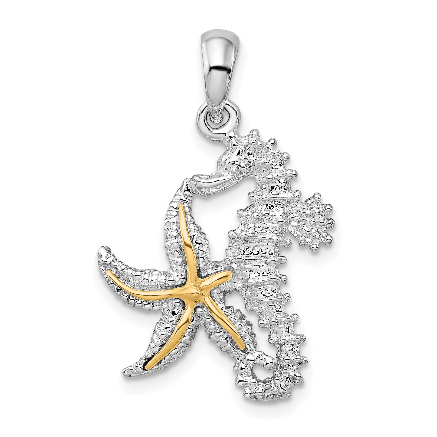 Silver/14K Two-Tone De-Ani Sterling Silver Rhodium-Plated Seahorse Starfish With 14K Pendant