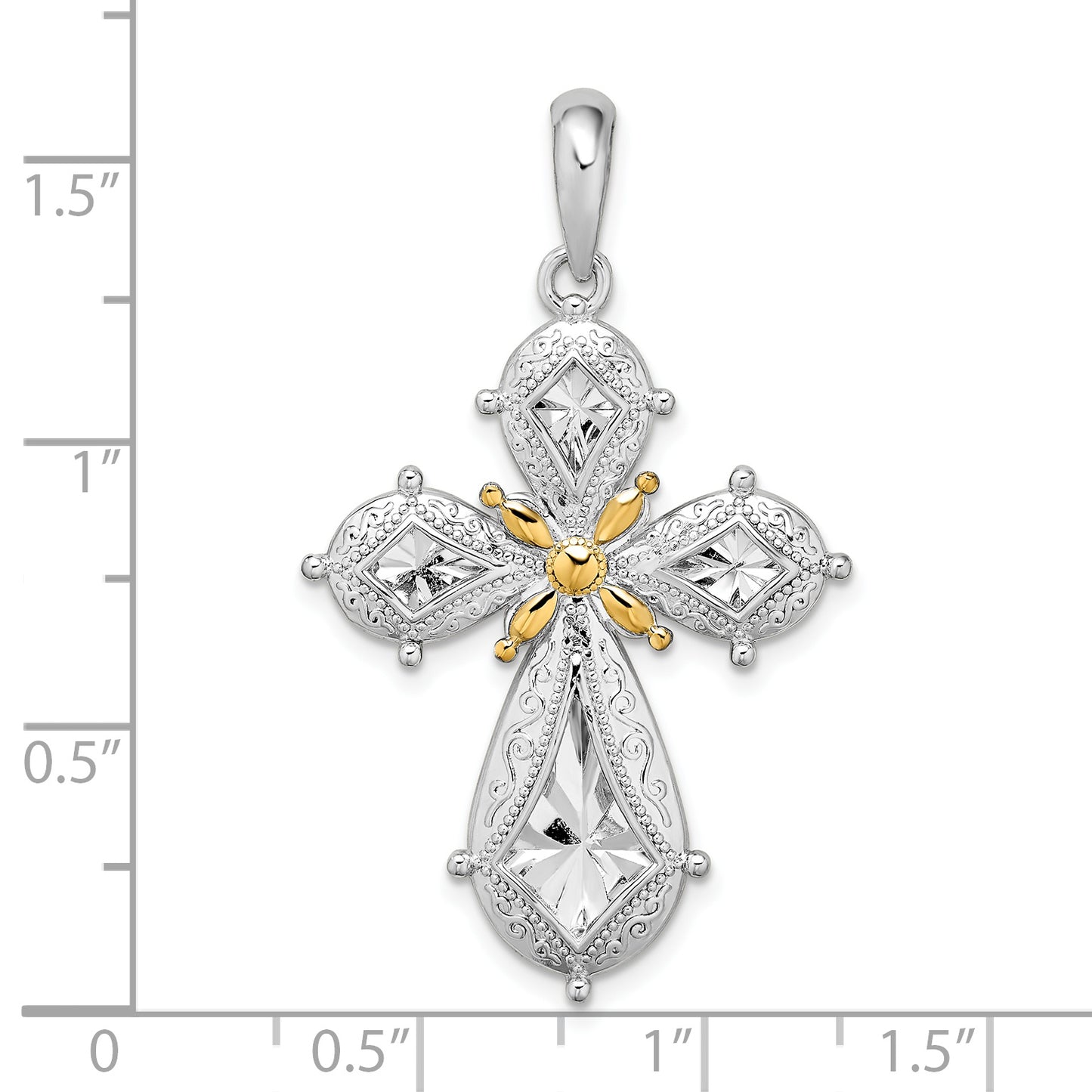 Silver/14K Two-Tone De-Ani Sterling Silver Rhodium-Plated Polished Filigree Cross With 14K Accent Pendant