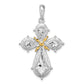 Silver/14K Two-Tone De-Ani Sterling Silver Rhodium-Plated Polished Filigree Cross With 14K Accent Pendant