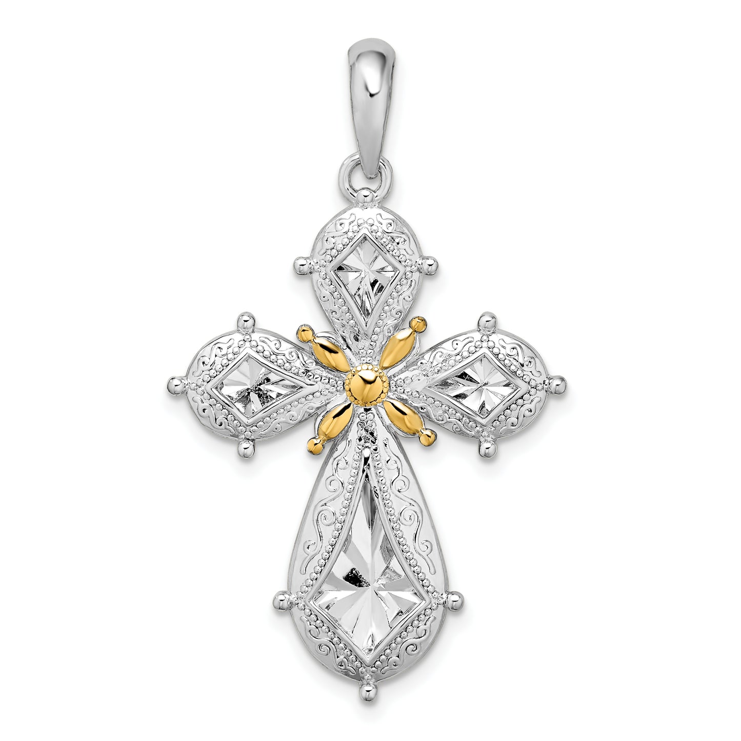 Silver/14K Two-Tone De-Ani Sterling Silver Rhodium-Plated Polished Filigree Cross With 14K Accent Pendant