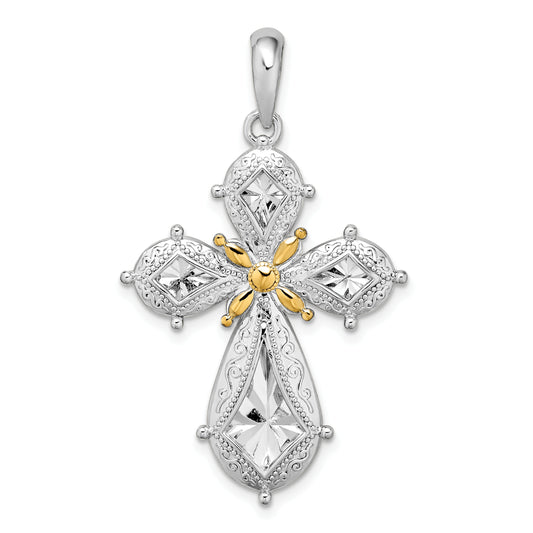 Silver/14K Two-Tone De-Ani Sterling Silver Rhodium-Plated Polished Filigree Cross With 14K Accent Pendant