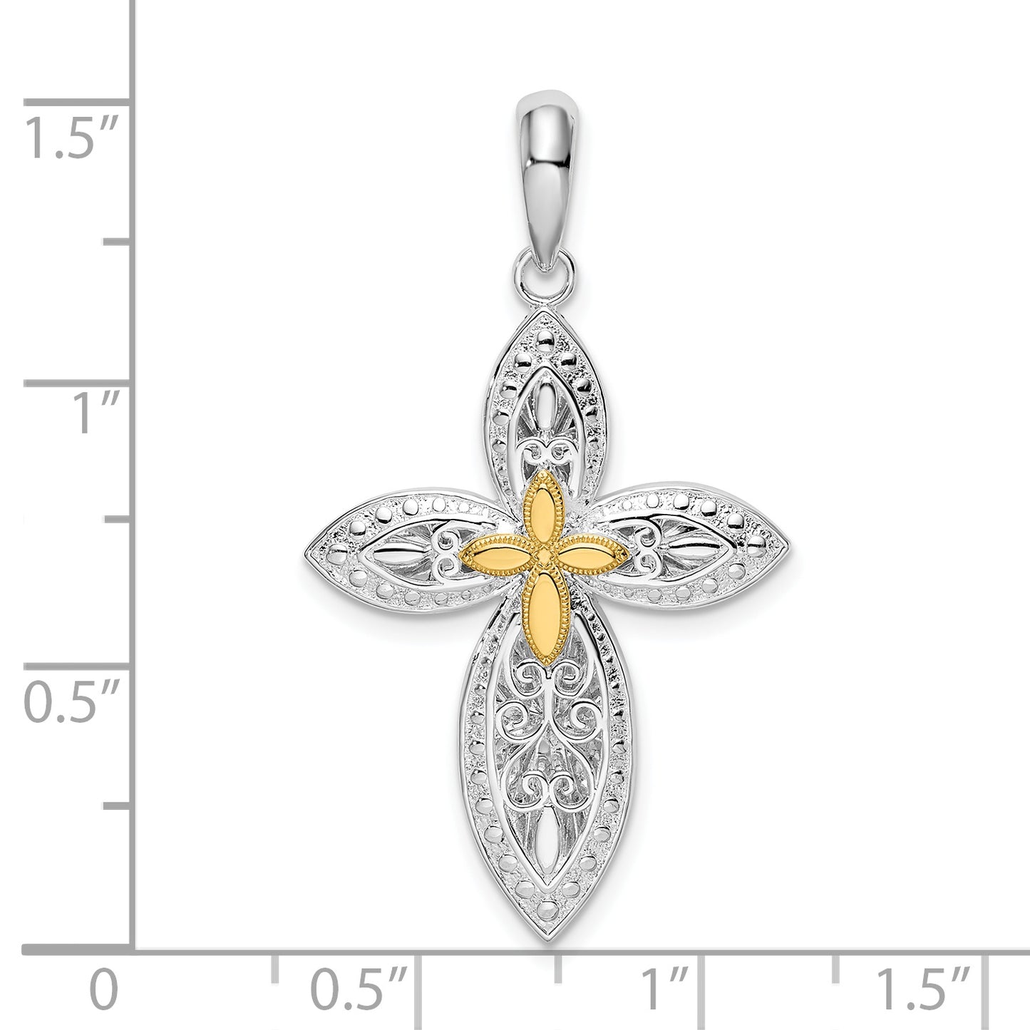 Silver/14K Two-Tone Sterling Silver Polished Filigree Cross W/14K Accent Pendant