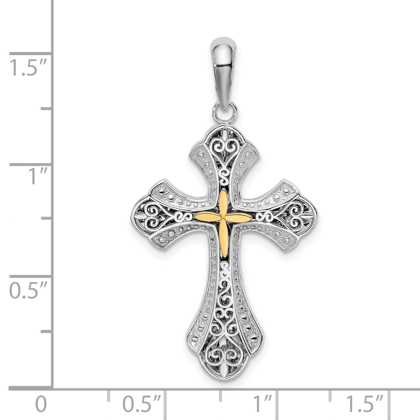 Silver/14K Two-Tone De-Ani Sterling Silver Rhodium-Plated Filigree Budded Cross With 14K Accent Pendant