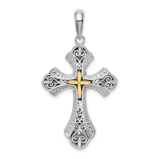 Silver/14K Two-Tone De-Ani Sterling Silver Rhodium-Plated Filigree Budded Cross With 14K Accent Pendant