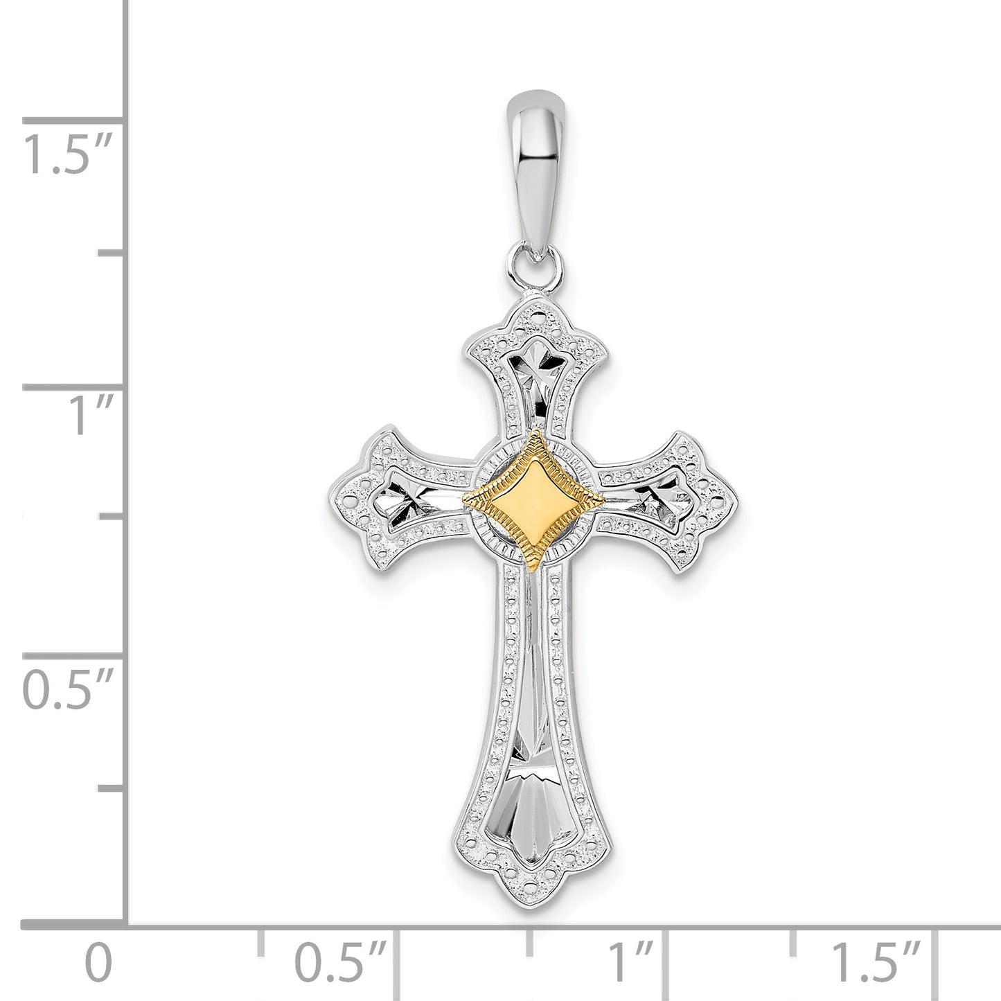 Silver/14K Two-Tone De-Ani Sterling Silver Rhodium-Plated Diamond-Cut Fleur De Lis Cross With 14K Accent Pendant