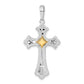 Silver/14K Two-Tone De-Ani Sterling Silver Rhodium-Plated Diamond-Cut Fleur De Lis Cross With 14K Accent Pendant