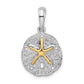 Silver/14K Two-Tone De-Ani Sterling Silver Rhodium-Plated Textured Sand Dollar With 14K Starfish Pendant