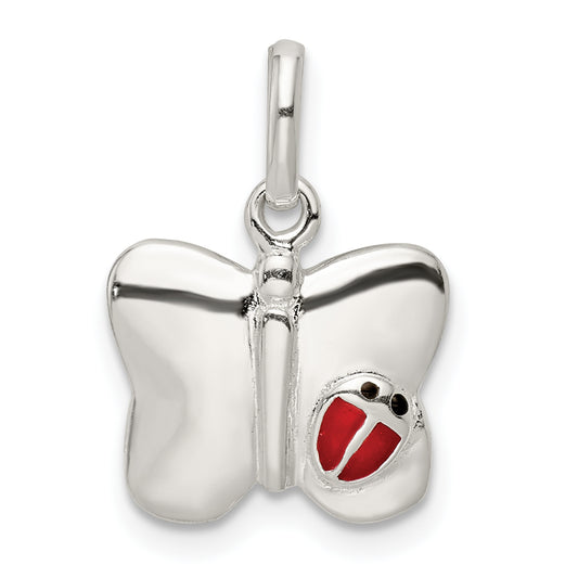 Sterling Silver Polished Enameled Butterfly W/Ladybug Pendant