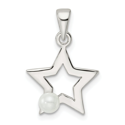 Sterling Silver Rhodium-Plated Polished Imitation Pearl Star Pendant