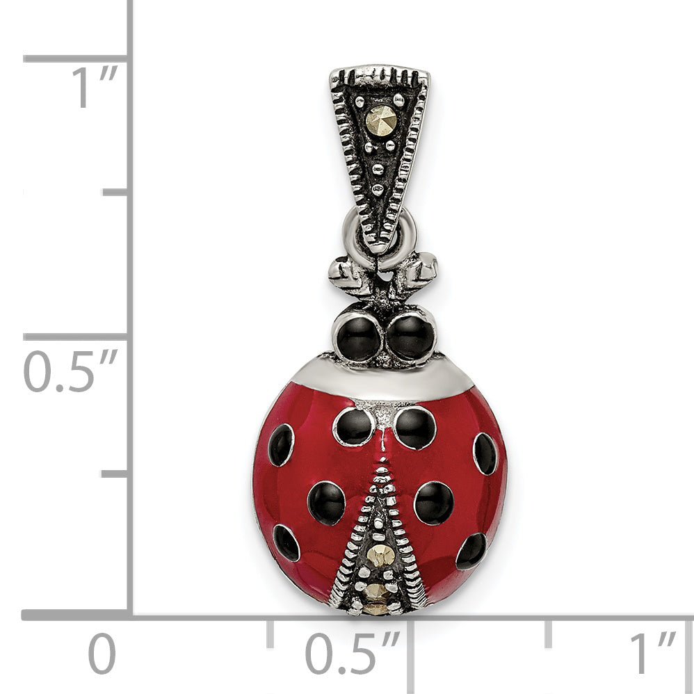 Sterling Silver Antiqued Marcasite Enameled Ladybug Pendant