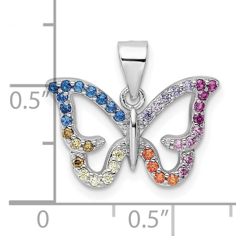 Sterling Silver Rhodium-Plated Multicolor Cz Butterfly Pendant