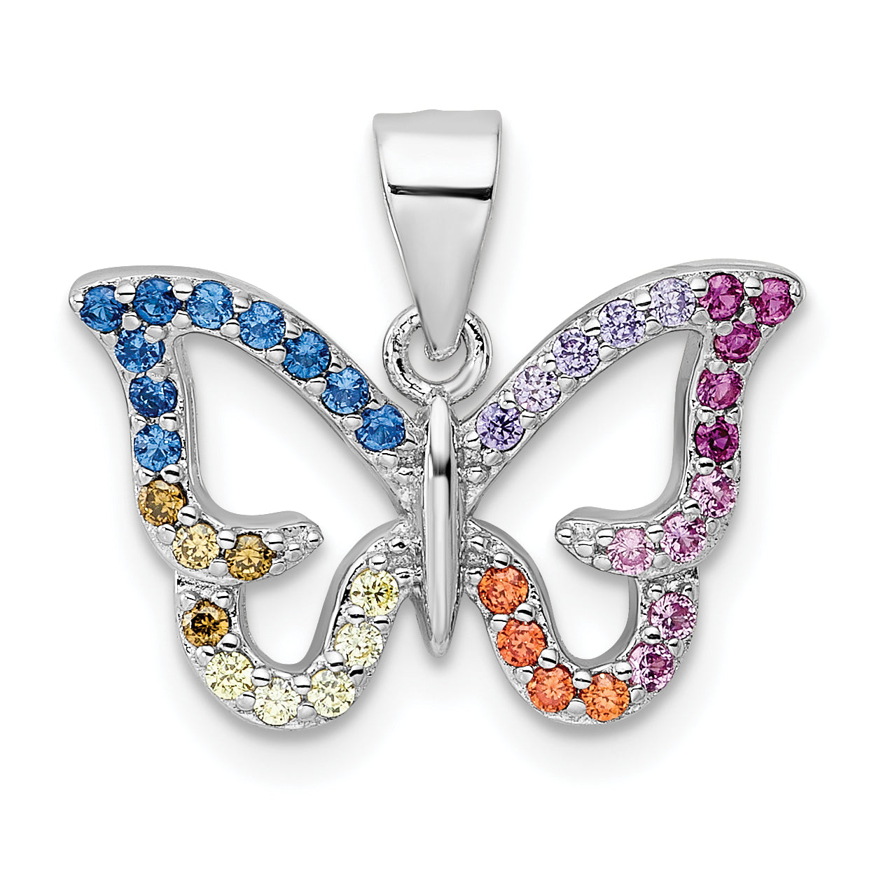 Sterling Silver Rhodium-Plated Multicolor Cz Butterfly Pendant