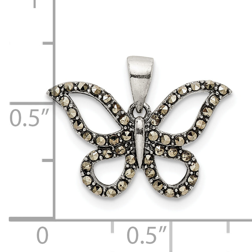 Sterling Silver Antiqued Polished Marcasite Butterfly Pendant