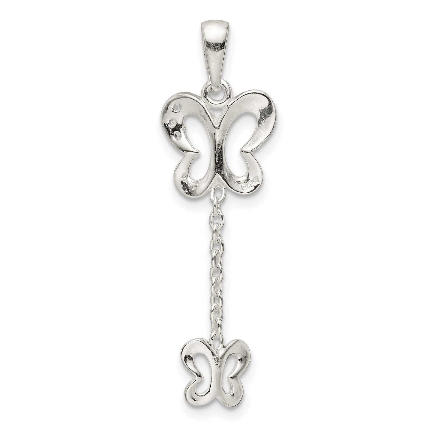 Sterling Silver Polished Cz Butterfly Dangle Pendant