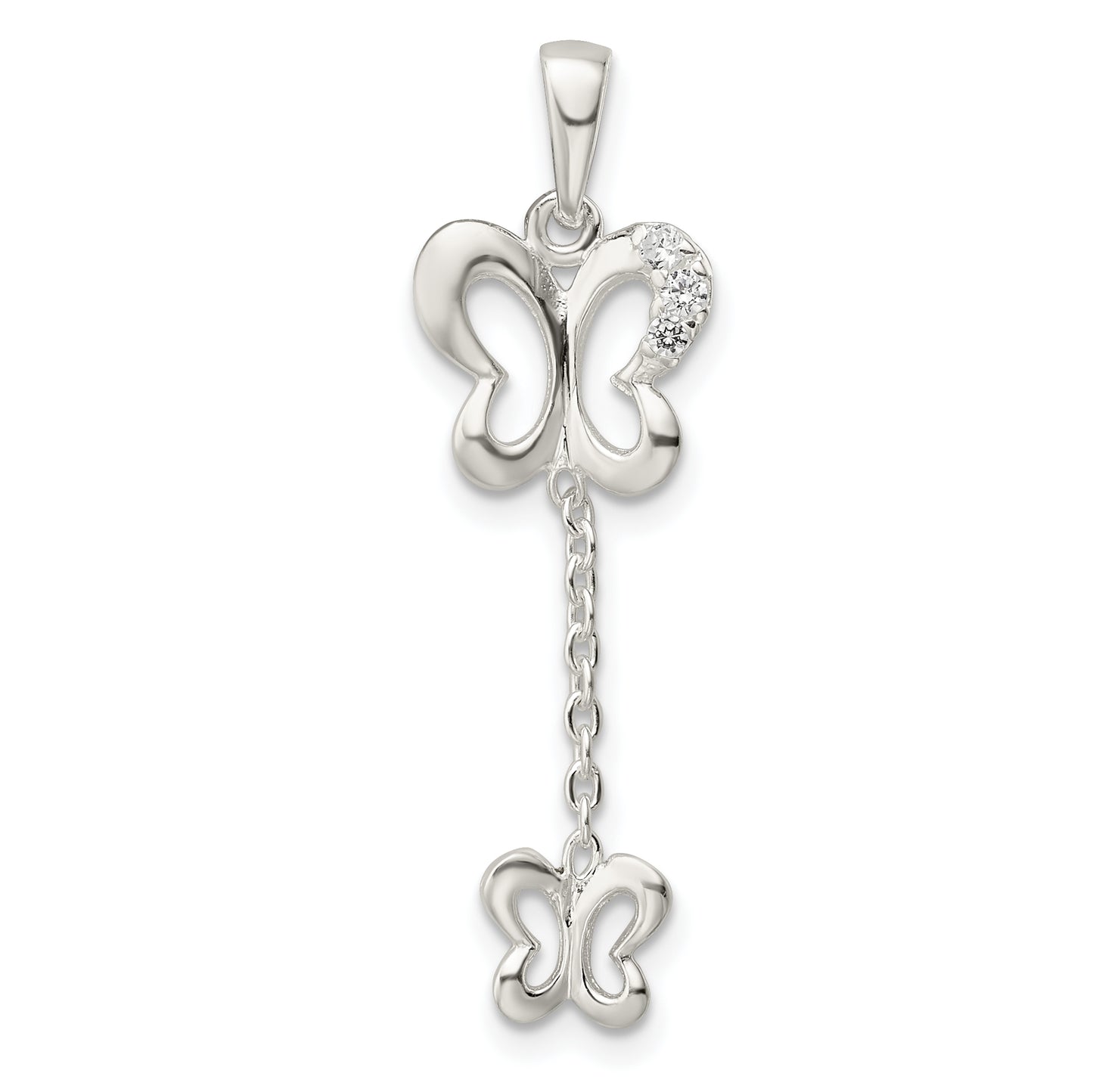 Sterling Silver Polished Cz Butterfly Dangle Pendant