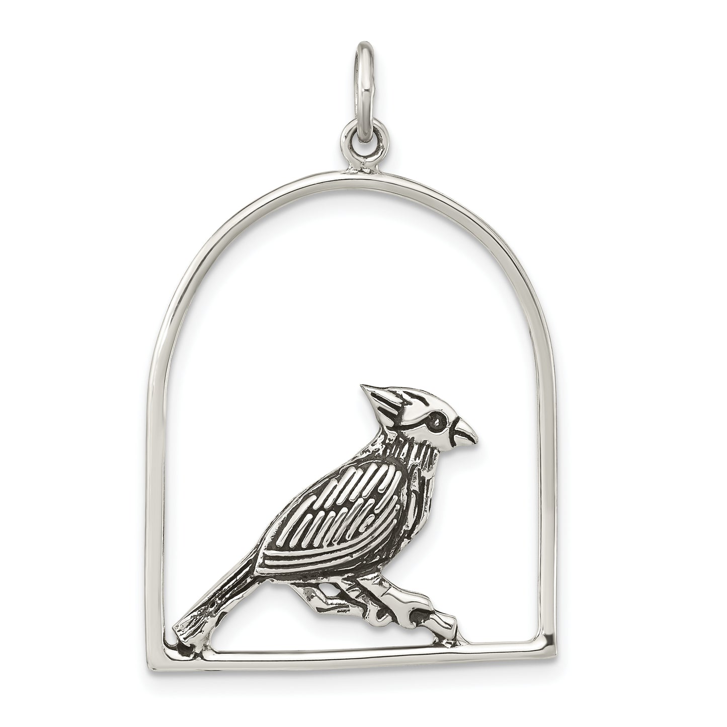 Sterling Silver Antiqued Bird On Branch In Cage Pendant