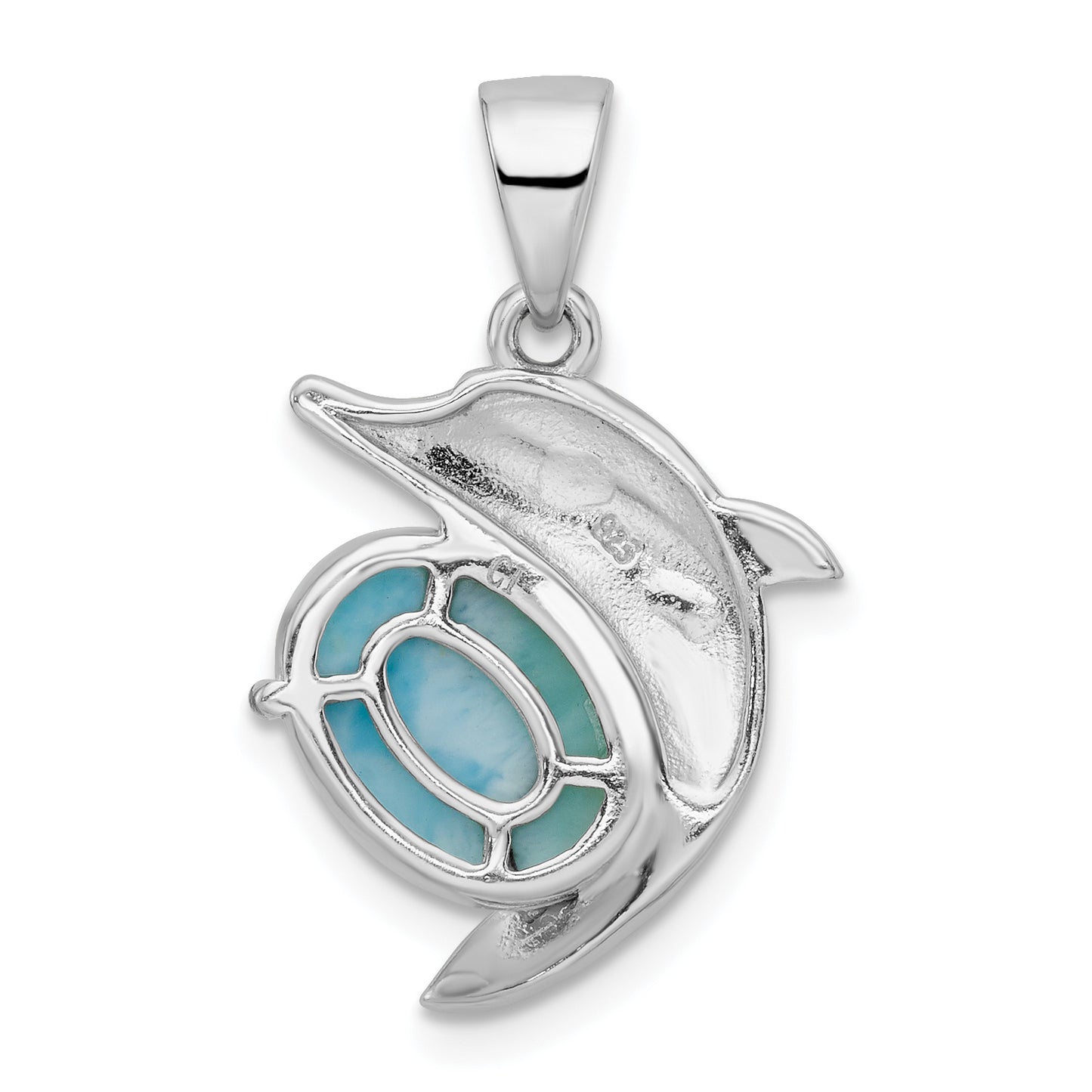 Sterling Silver Rhodium-Plated Polished Filigree Dolphin Larimar Pendant