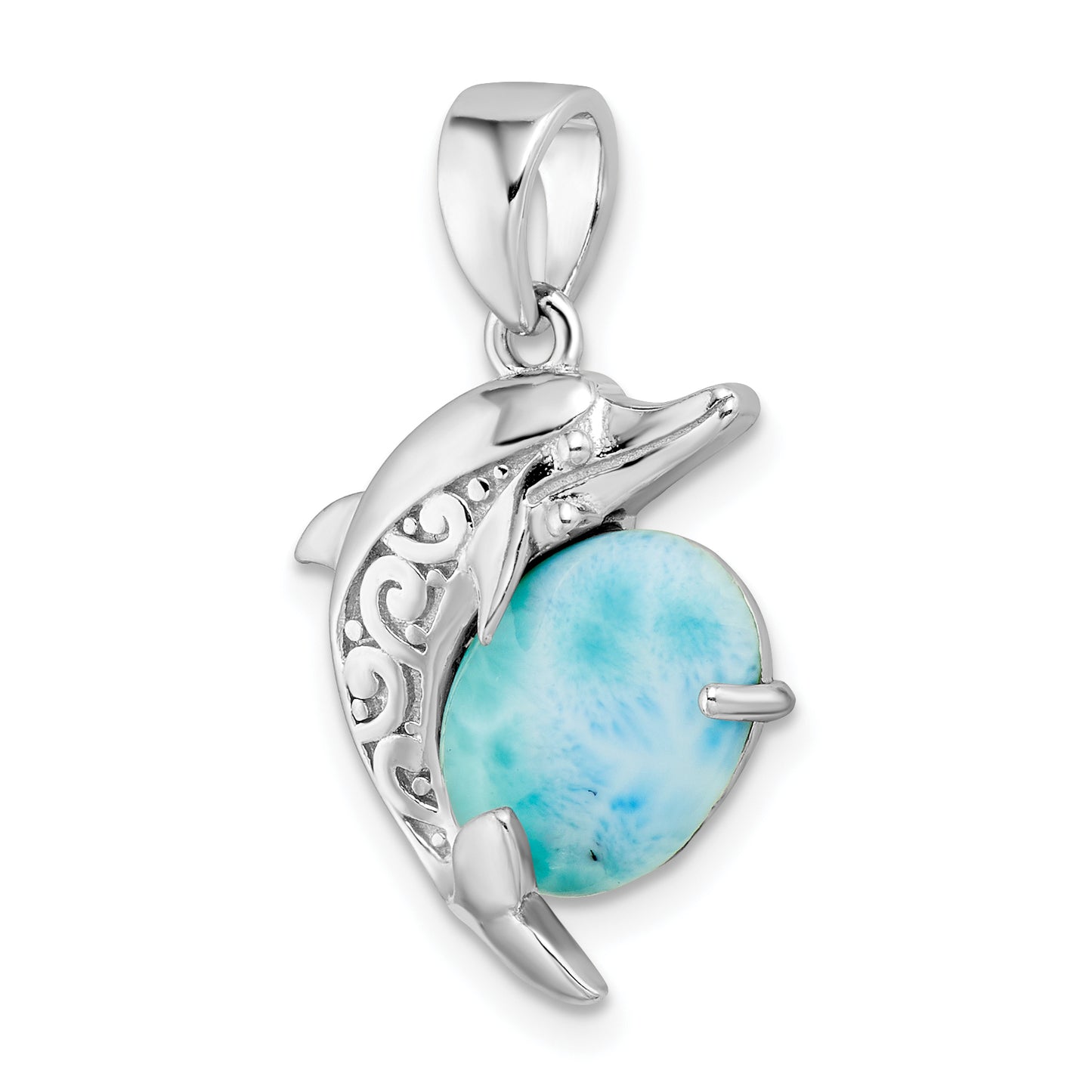 Sterling Silver Rhodium-Plated Polished Filigree Dolphin Larimar Pendant