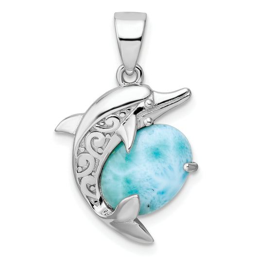 Sterling Silver Rhodium-Plated Polished Filigree Dolphin Larimar Pendant