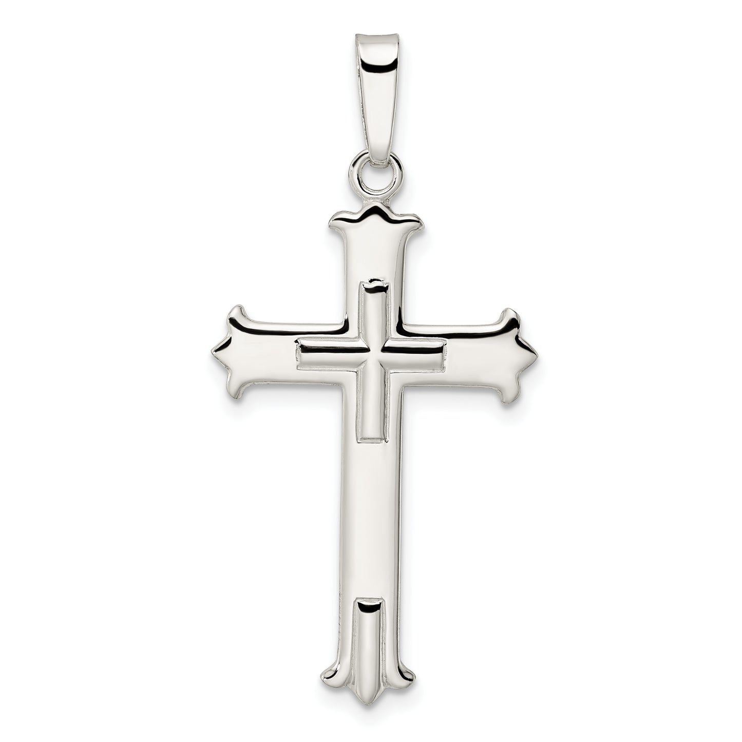 Sterling Silver Polished Fleur De Lis Cross W/Cross Center Pendant