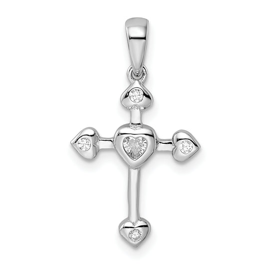 Sterling Silver Rhodium-Plated Cz Heart Cross Pendant