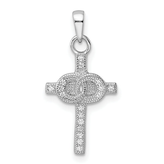 Sterling Silver Rhodium-Plated Cz Double Rings On Cross Pendant