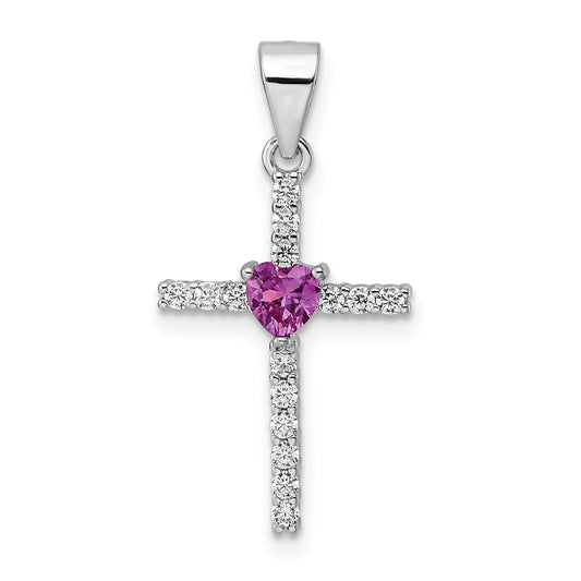 Sterling Silver Rhodium-Plated Pink Cz Heart And Clear Cross Pendant