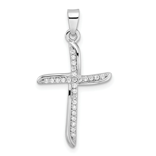 Sterling Silver Rhodium-Plated Small Cz Wavy Cross Pendant