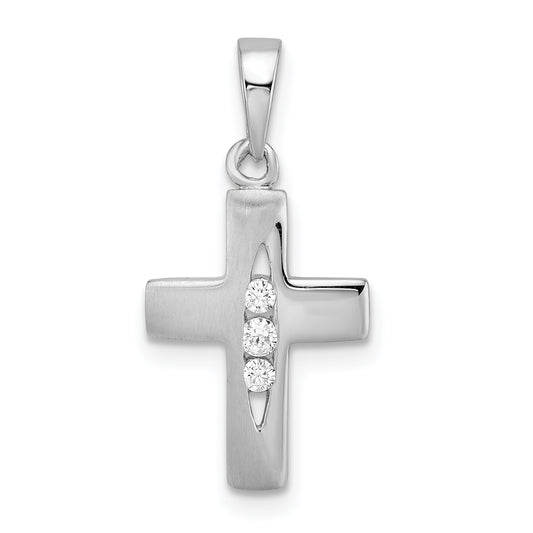 Sterling Silver Rh Polished And Brushed Cz Mini Cross Pendant