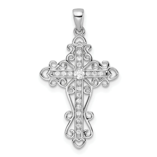 Sterling Silver Rhodium-Plated Cz Fancy Cross Pendant