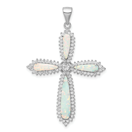 Sterling Silver Rh-Plated White Created Opal & Cz Border Cross Pendant