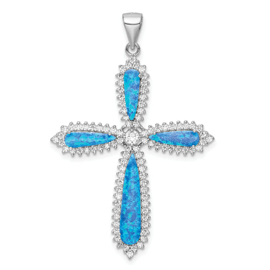 Sterling Silver Rh-Plated Blue Created Opal & Cz Border Cross Pendant