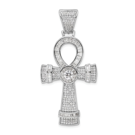 Sterling Silver Rhodium-Plated Polished Cz Ankh Cross Pendant