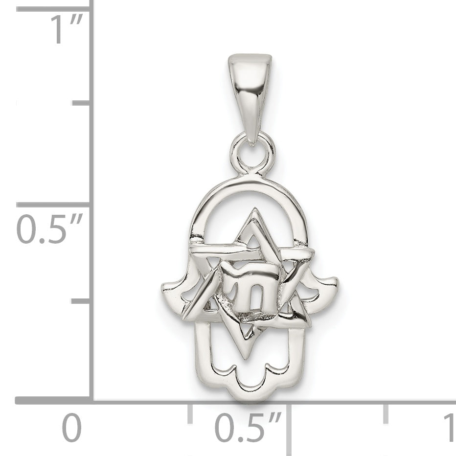 Sterling Silver Polished Chai In Star Of David Hamsa Pendant